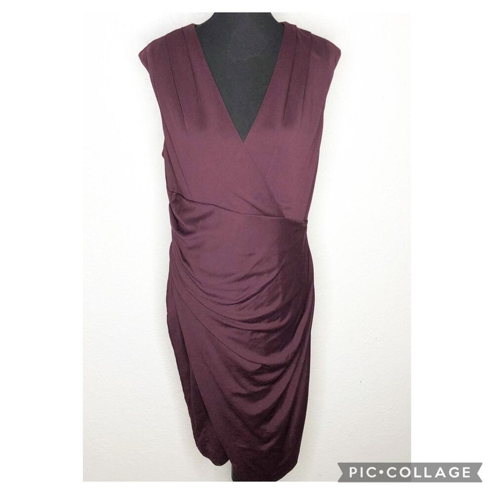 WHBM maroon cabernet wine draped faux wrap cap sleeve sheath midi dress 14 NWT